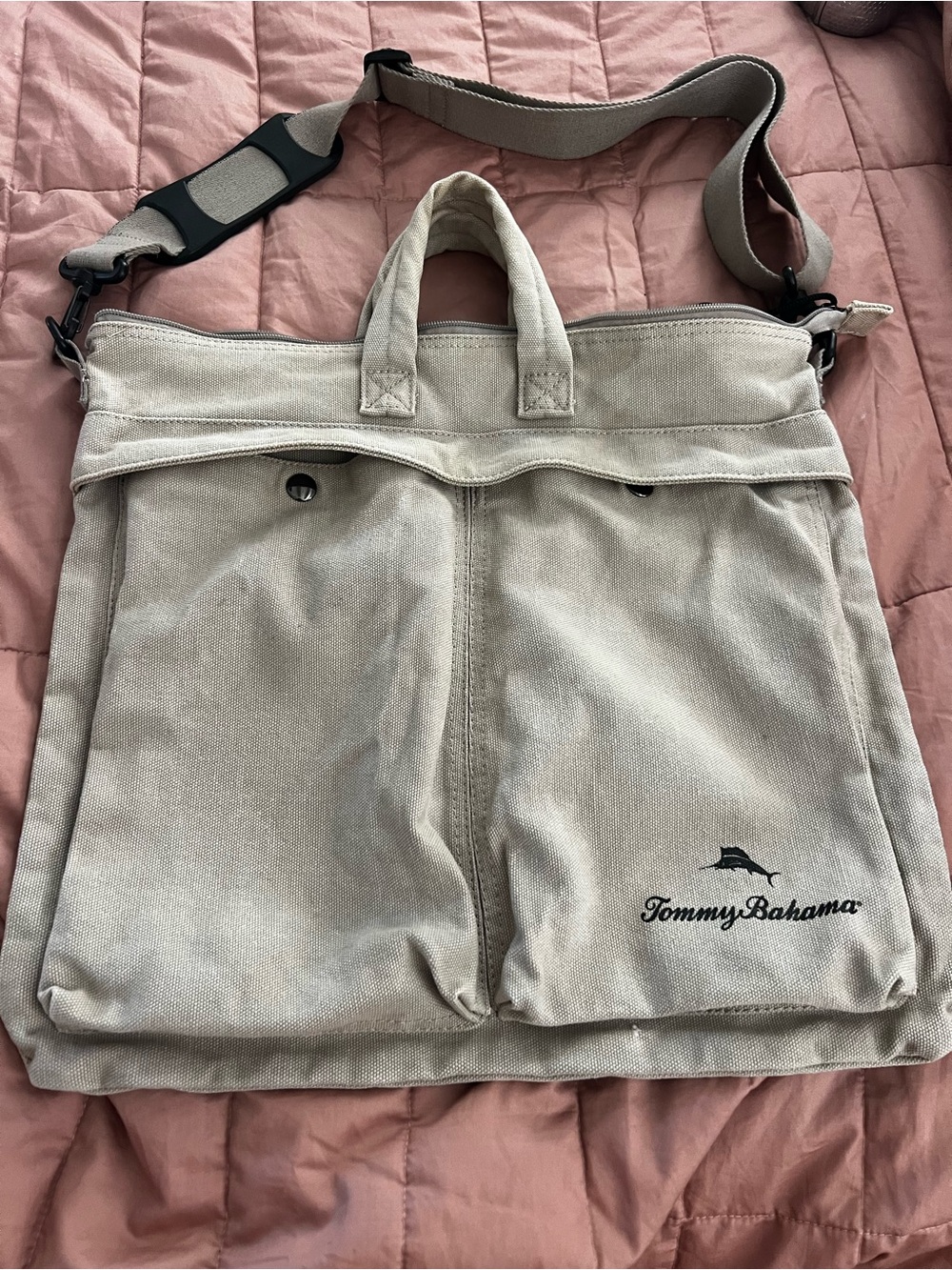 Tommy Bahama Men's Beige Canvas Cotton Adjustable Messenger Bag Crossbody